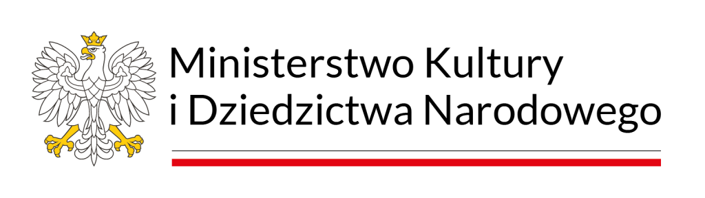 logo Ministerstwa Kultury i Dziedzictwa Narodowego, biały orzeł, napis podkreślony flagą