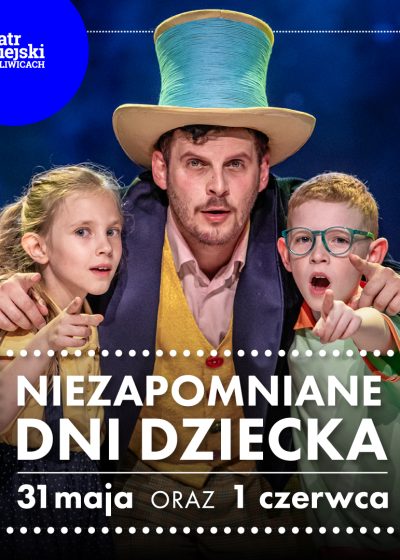 aktorzy z przedstawienia Pan Kleks. Powrót wskazują palcem na oglądającego grafikę z okazji dni dziecka.