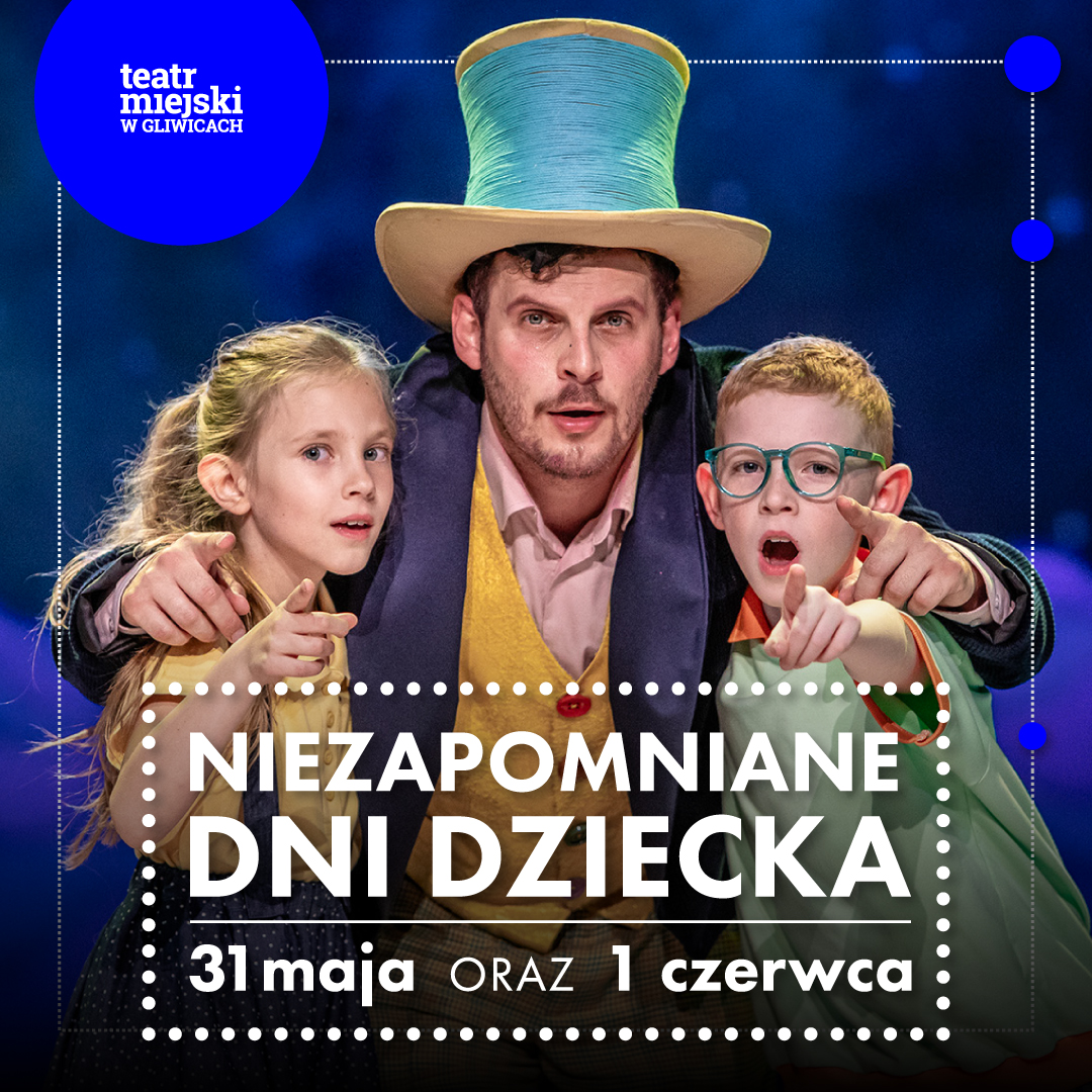 aktorzy z przedstawienia Pan Kleks. Powrót wskazują palcem na oglądającego grafikę z okazji dni dziecka.